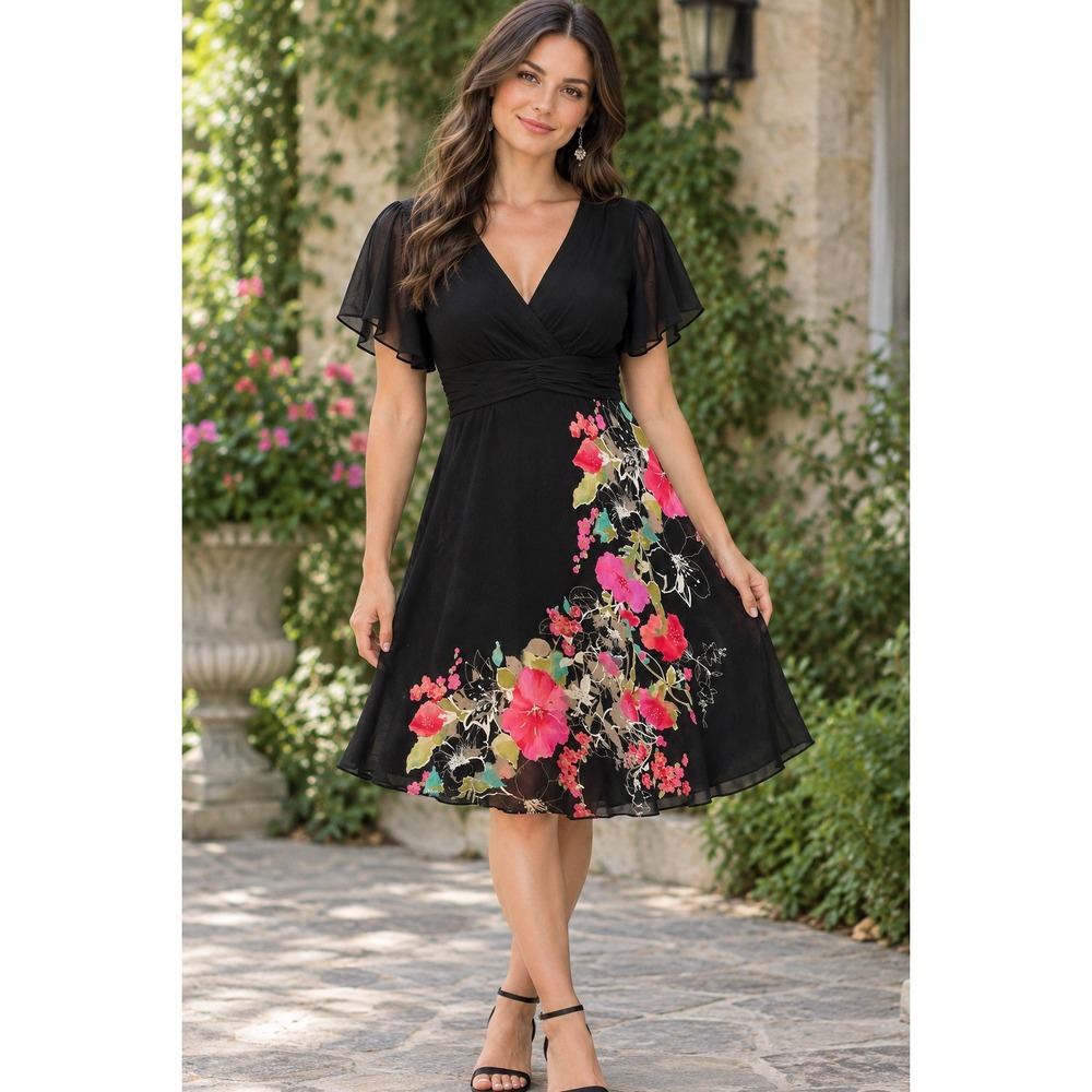 Adrianna Papell Silk Floral Flutter Sleeve Midi Dress Black Beaded Sz 12 Garden